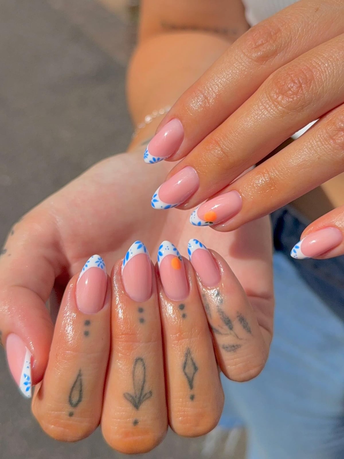 Pink Floral French Tip Orange Dot — Simple Nails Almond Inspo