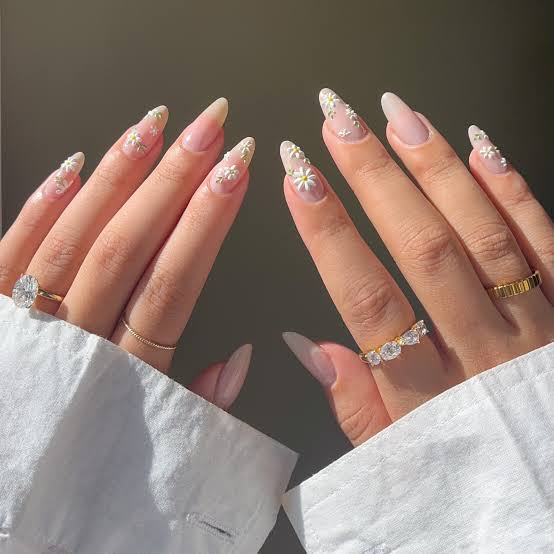 Sheer Nude Medium Almond Daisy Art With Small Daisies On Accent Nails — Simple Nails Almond Inspo