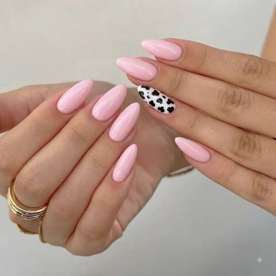 Pale Pink Almond Cow Print Accent — Simple Nails Almond Inspo