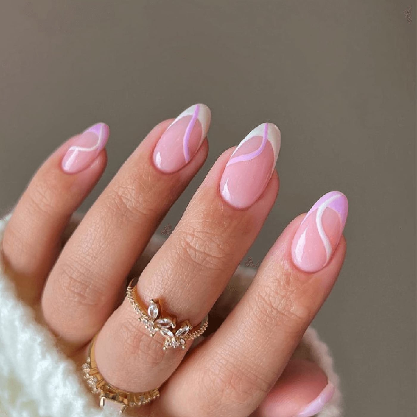 Sheer Pink Short Almond Wavy Lines — Simple Nails Almond Inspo