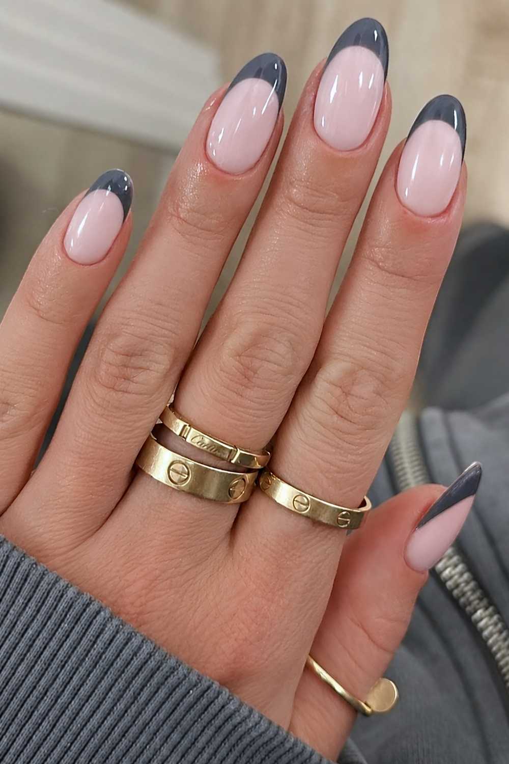 Sheer Pink Grey Tip Almond Nails — Simple Nails Almond Inspo