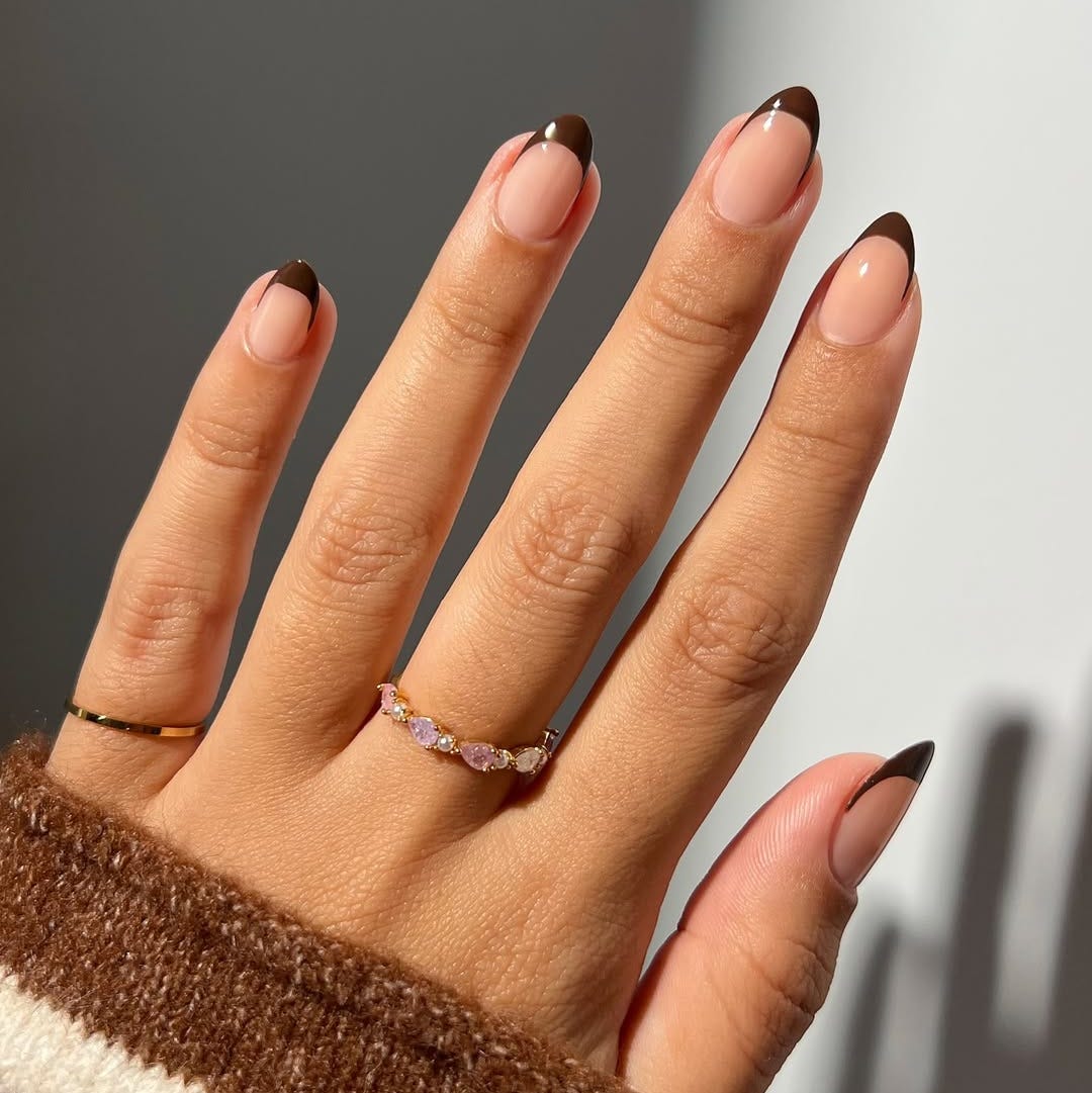 Sheer Nude Almond Dark Brown French — Simple Nails Almond Inspo