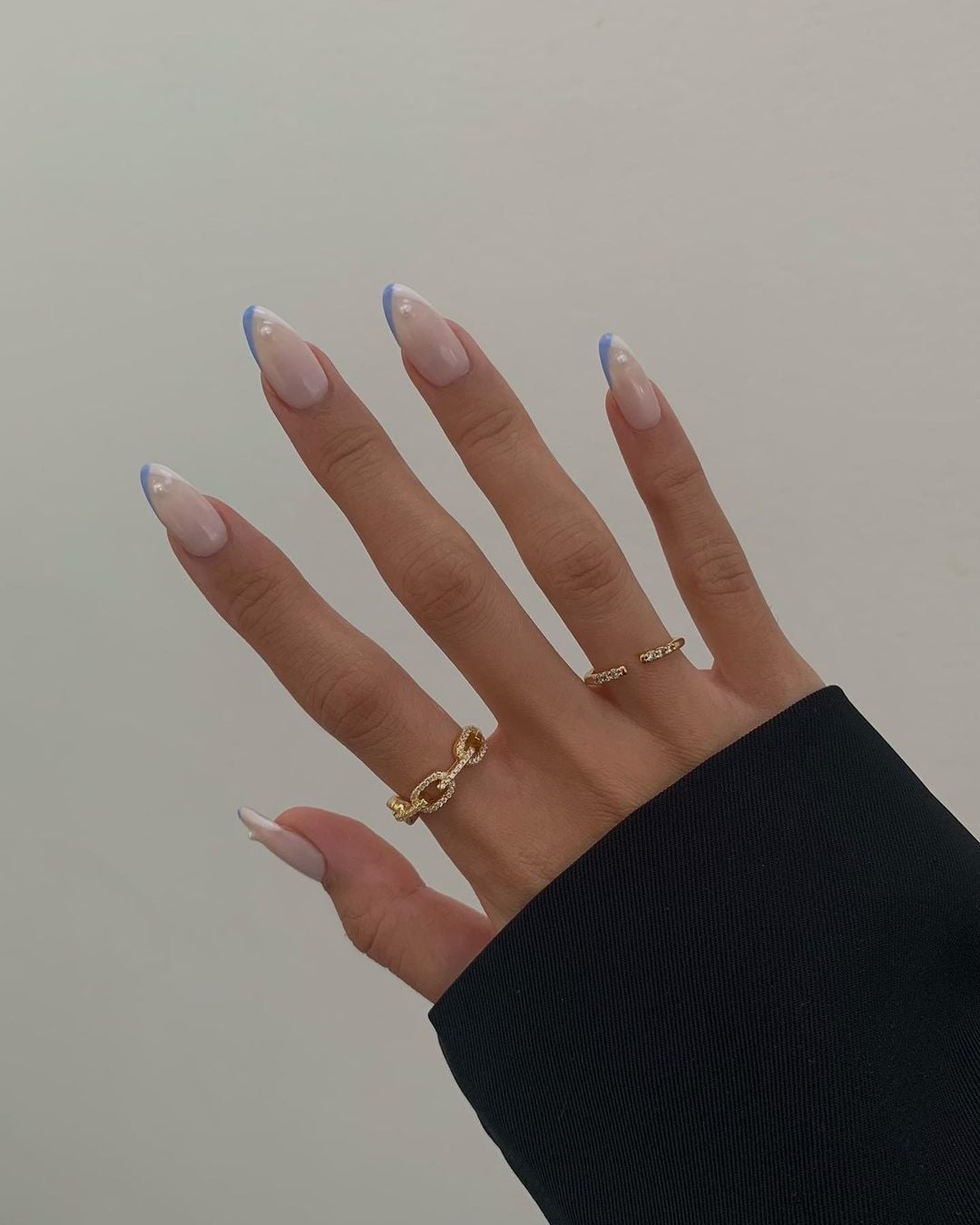 Nude Almond Light Blue French Pearls — Simple Nails Almond Inspo
