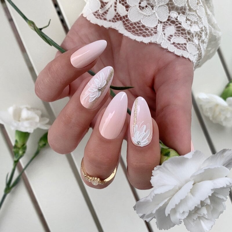 Medium Almond Pink with 3D Floral Art Medium Almond Pink with 3D Floral Art — Simple Nails for Wedding