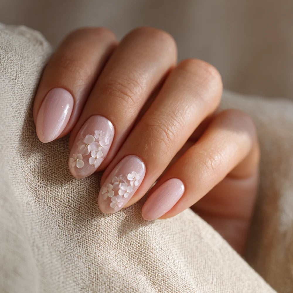 Medium Oval Soft Pink with Floral Embellishments Medium Oval Soft Pink with Floral Embellishments — Simple Nails for Wedding