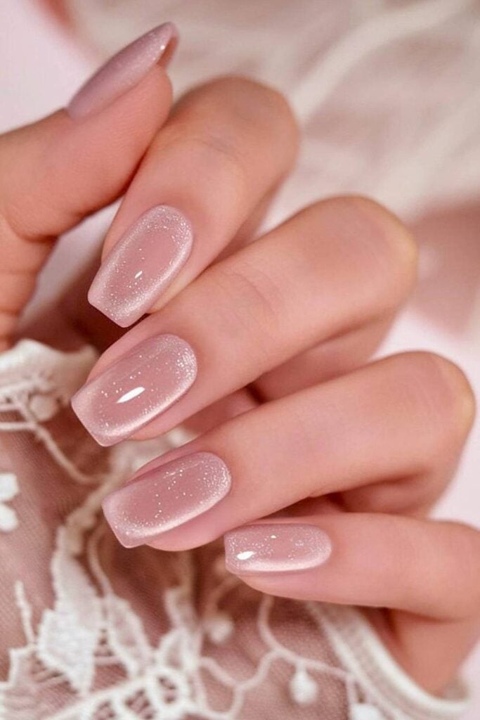 Short Square Sheer Pink Cat-Eye Glitter Short Square Sheer Pink Cat-Eye Glitter — Simple Nails for Wedding