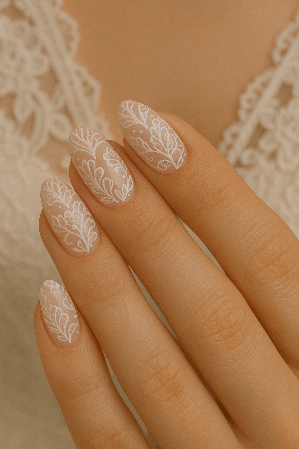 Medium Oval Milky Nude Lace Pattern Nails Medium Oval Milky Nude Lace Pattern Nails — Simple Nails for Wedding