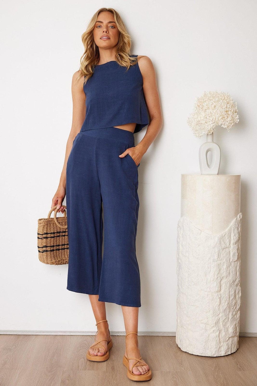 Navy Linen Wide-Leg Pants With Cropped Top Navy Linen Wide-Leg Pants With Cropped Top — Simple Navy Blue Pants Outfits