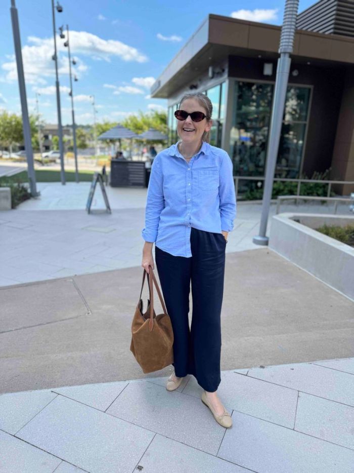 Navy Straight-Leg Trousers With Light Blue Shirt Navy Straight-Leg Trousers With Light Blue Shirt — Simple Navy Blue Pants Outfits