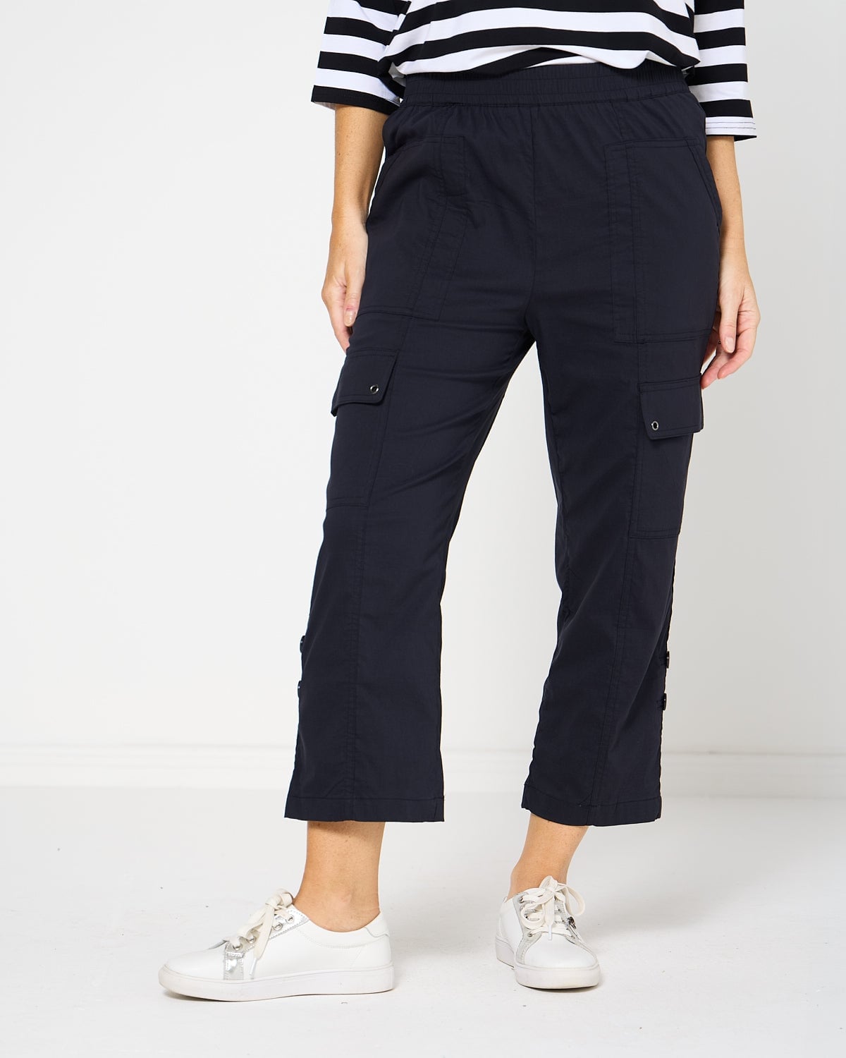 Navy Cropped Cargo Pants Detail Navy Cropped Cargo Pants Detail — Simple Navy Blue Pants Outfits
