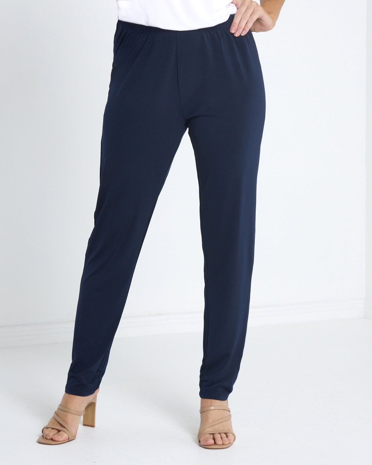 Navy Tapered Trousers With Nude Heels Navy Tapered Trousers With Nude Heels — Simple Navy Blue Pants Outfits