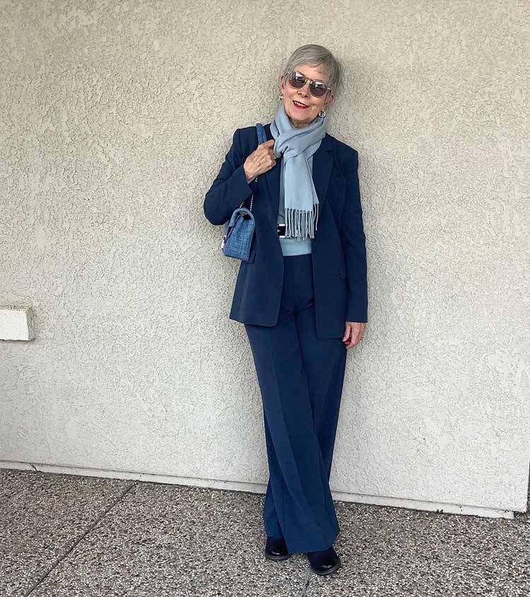 Navy Trousers With Matching Blazer and Scarf Navy Trousers With Matching Blazer and Scarf — Simple Navy Blue Pants Outfits