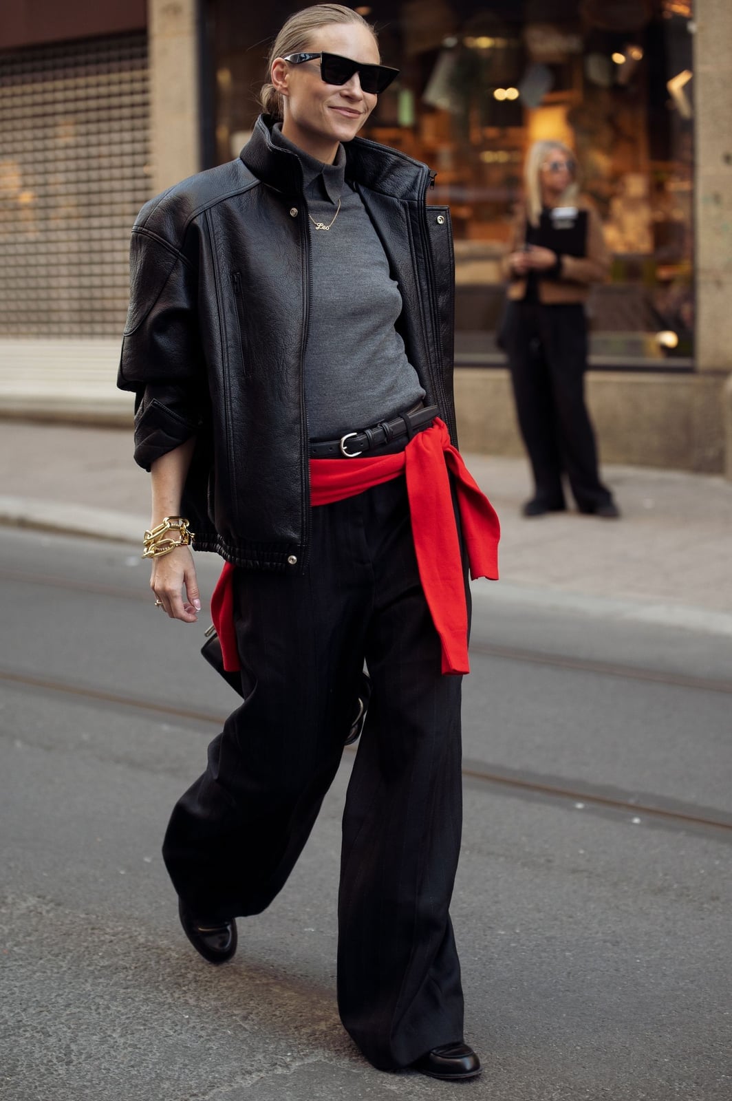Leather Jacket and Wide-Leg Trousers with a Pop of Red Leather Jacket and Wide-Leg Trousers with a Pop of Red — Simple Negros Outfits