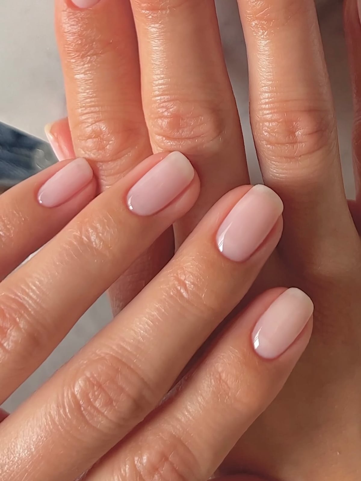 Glossy Sheer Milky Pink Short Rounded Square Nails, Close-Up Take Glossy Sheer Milky Pink Short Rounded Square Nails, Close-Up Take — Simple Neutral Nails Colors