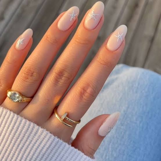 Glossy Sheer Nude Short Almond Nails With White Stars Glossy Sheer Nude Short Almond Nails With White Stars — Simple Neutral Nails Colors