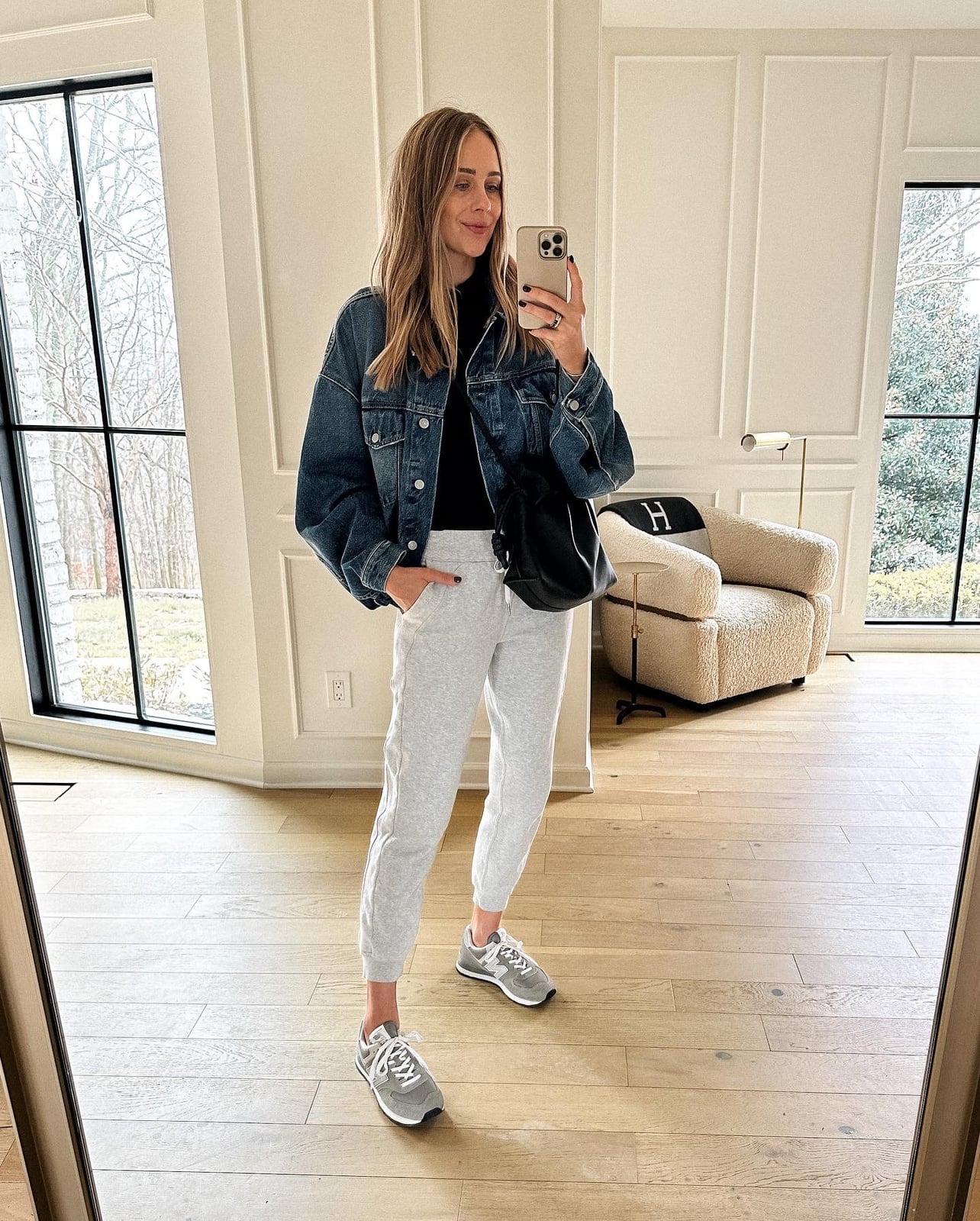 Denim Jacket Over Turtleneck with Joggers Denim Jacket Over Turtleneck with Joggers — Simple New Balance Outfits