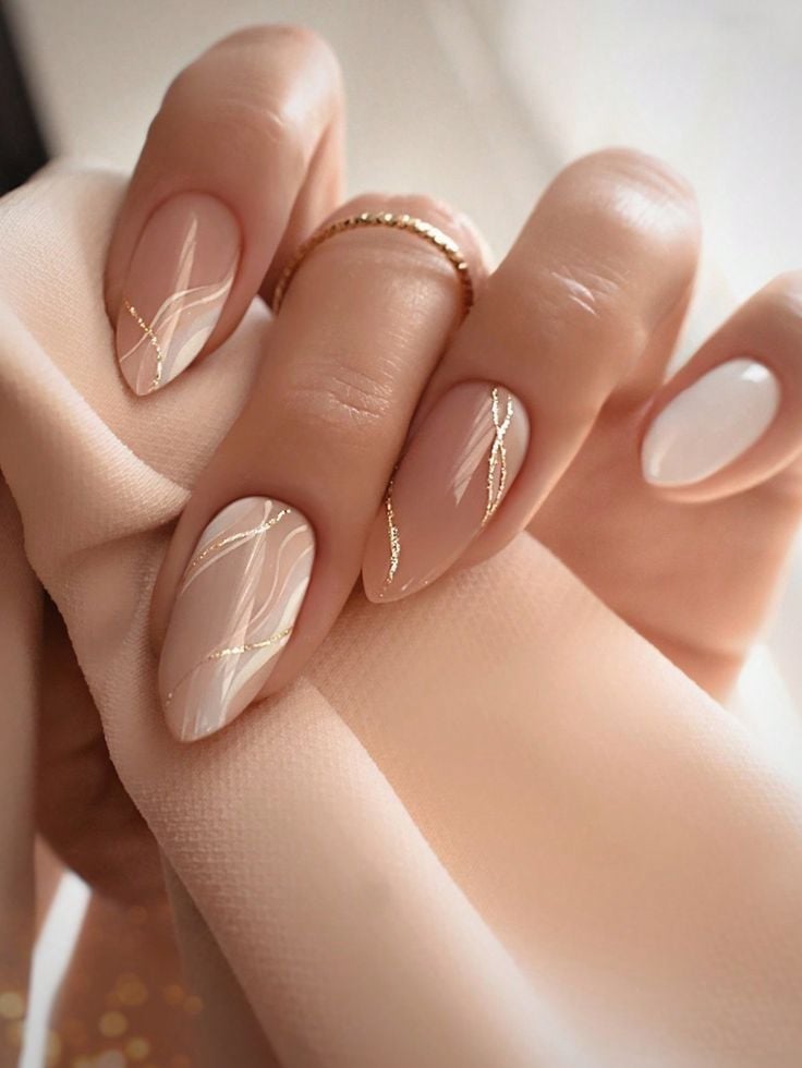 Beige Nude Almond With Gold Line Art — Simple Nude Nails
