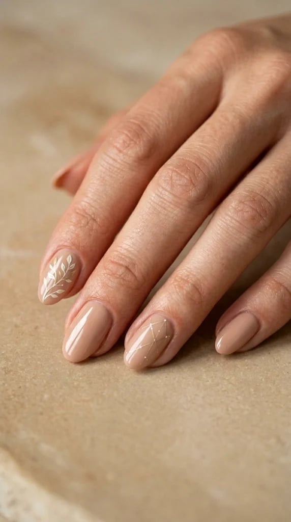 Warm Beige Nude Oval With Leaf Art — Simple Nude Nails