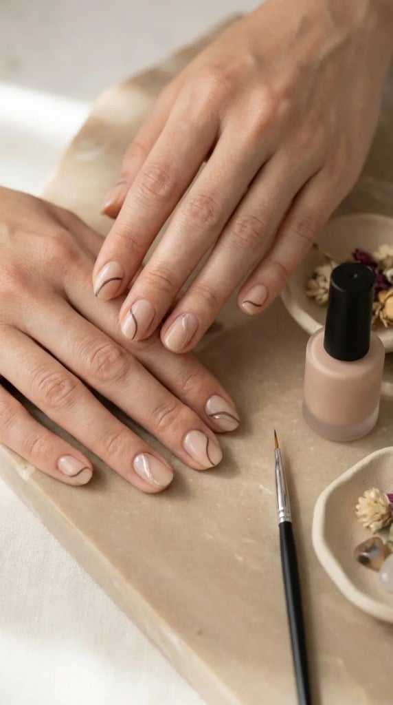 Short Oval Sheer Nude With Dark Grey Lines — Simple Nude Nails