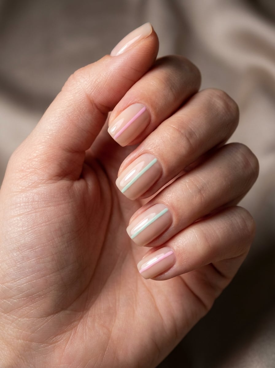 Short Square Nude With Pastel Lines — Simple Nude Nails