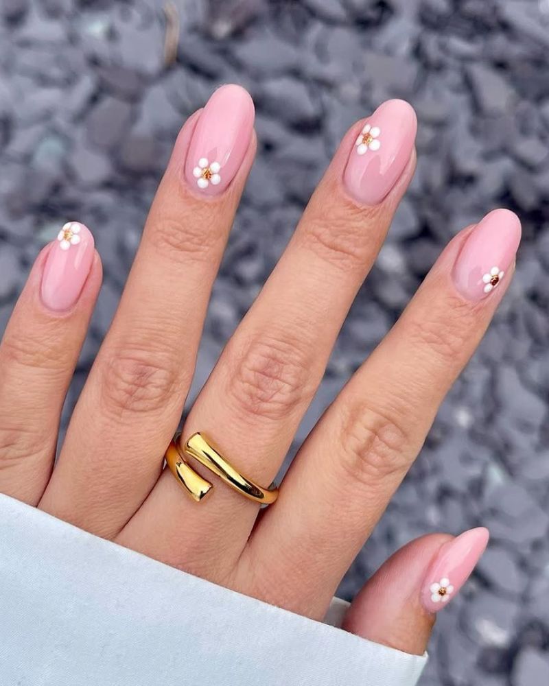 Milky Pink Almond With Floral Accents — Simple Nude Nails