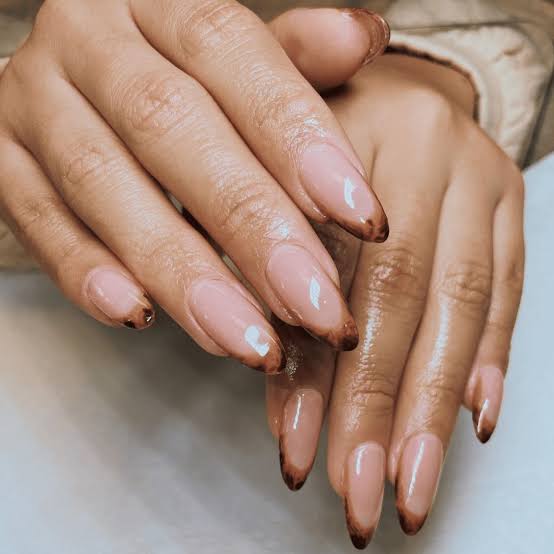 Long Almond Sheer Nude With Brown French Tips — Simple Nude Nails