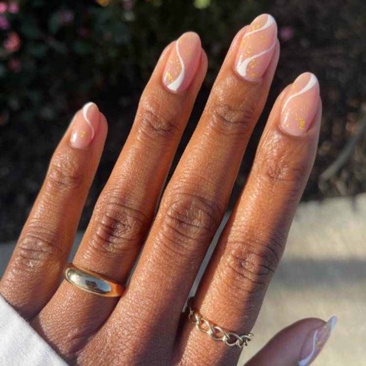 Medium Almond Sheer Nude With Swirl Art — Simple Nude Nails