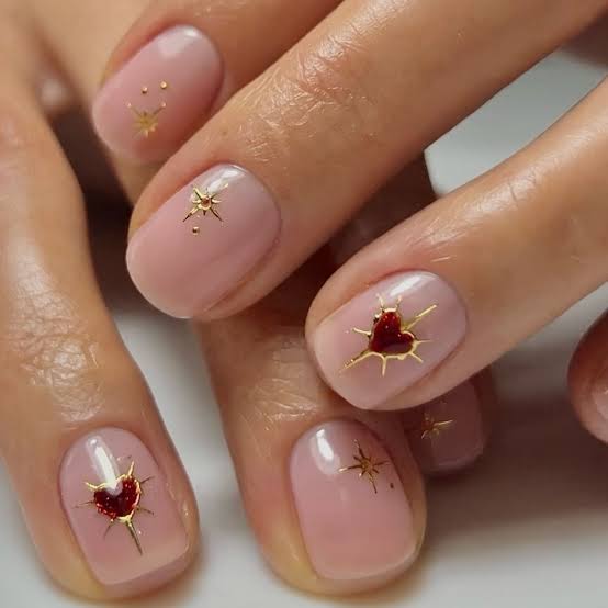 Short Almond Pink With Heart & Star Accents — Simple Nude Nails