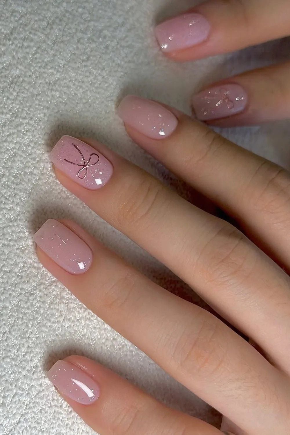 Light Pink Nude Soft Square With Foil Bow — Simple Nude Nails