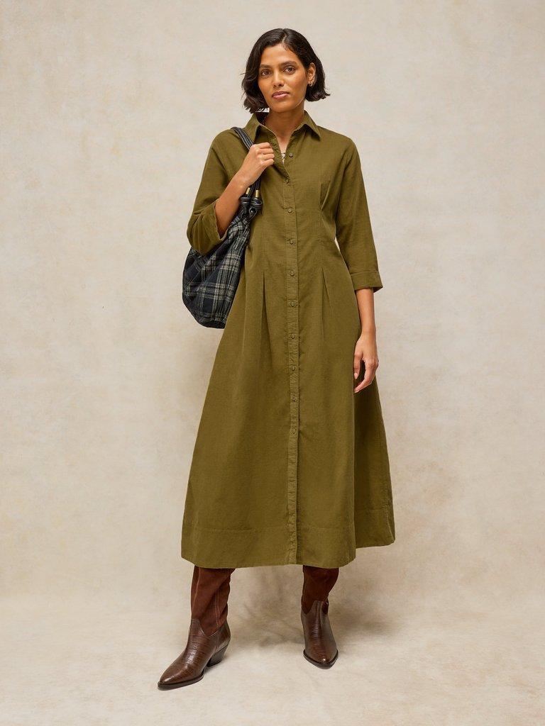 Olive Corduroy Shirt Dress With Plaid Bag Olive Corduroy Shirt Dress With Plaid Bag — Simple Olive Green Outfits