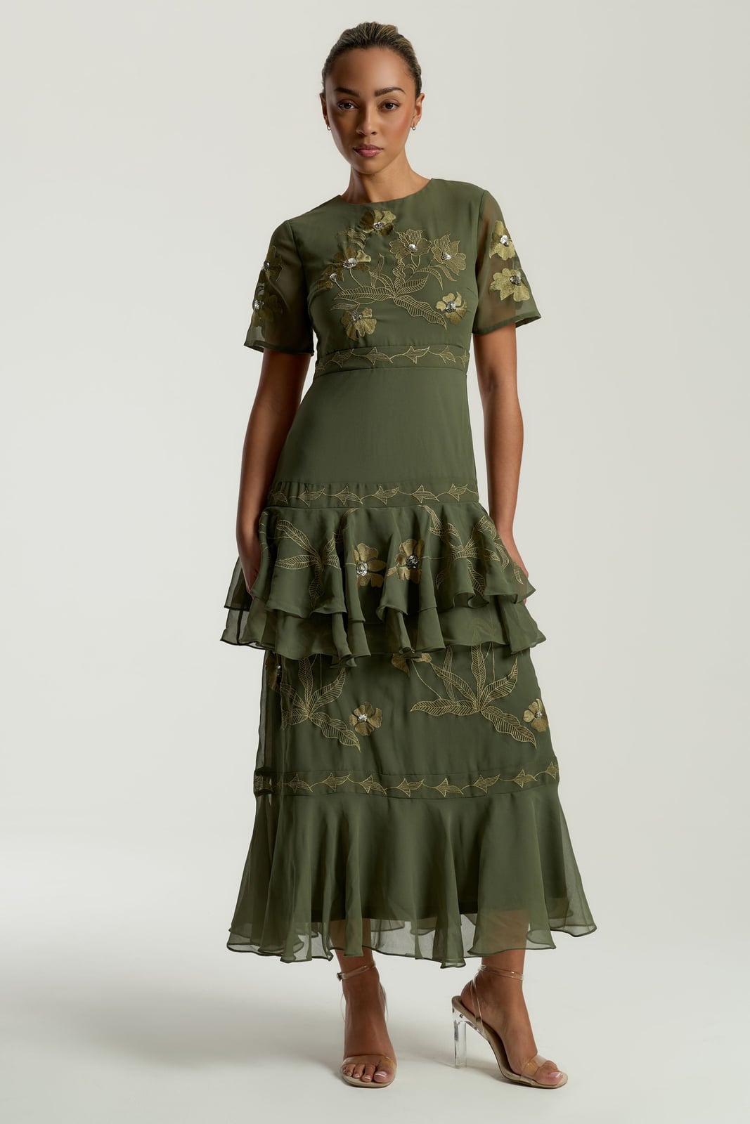 Olive Embroidered Midi Dress With Ruffles Olive Embroidered Midi Dress With Ruffles — Simple Olive Green Outfits