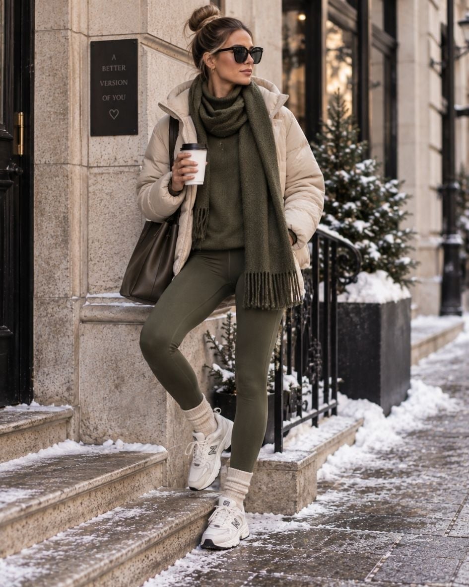 Olive Green Leggings With Cream Puffer Jacket Olive Green Leggings With Cream Puffer Jacket — Simple Olive Green Outfits