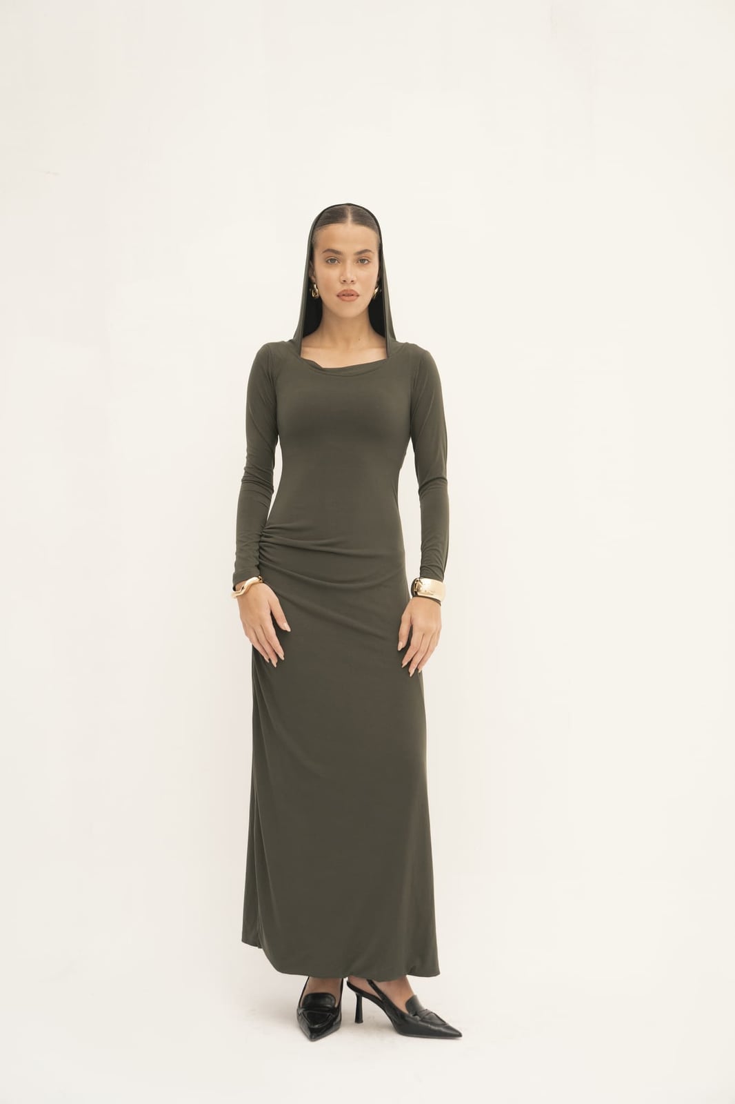 Olive Green Maxi Dress With Gold Bracelets Olive Green Maxi Dress With Gold Bracelets — Simple Olive Green Outfits