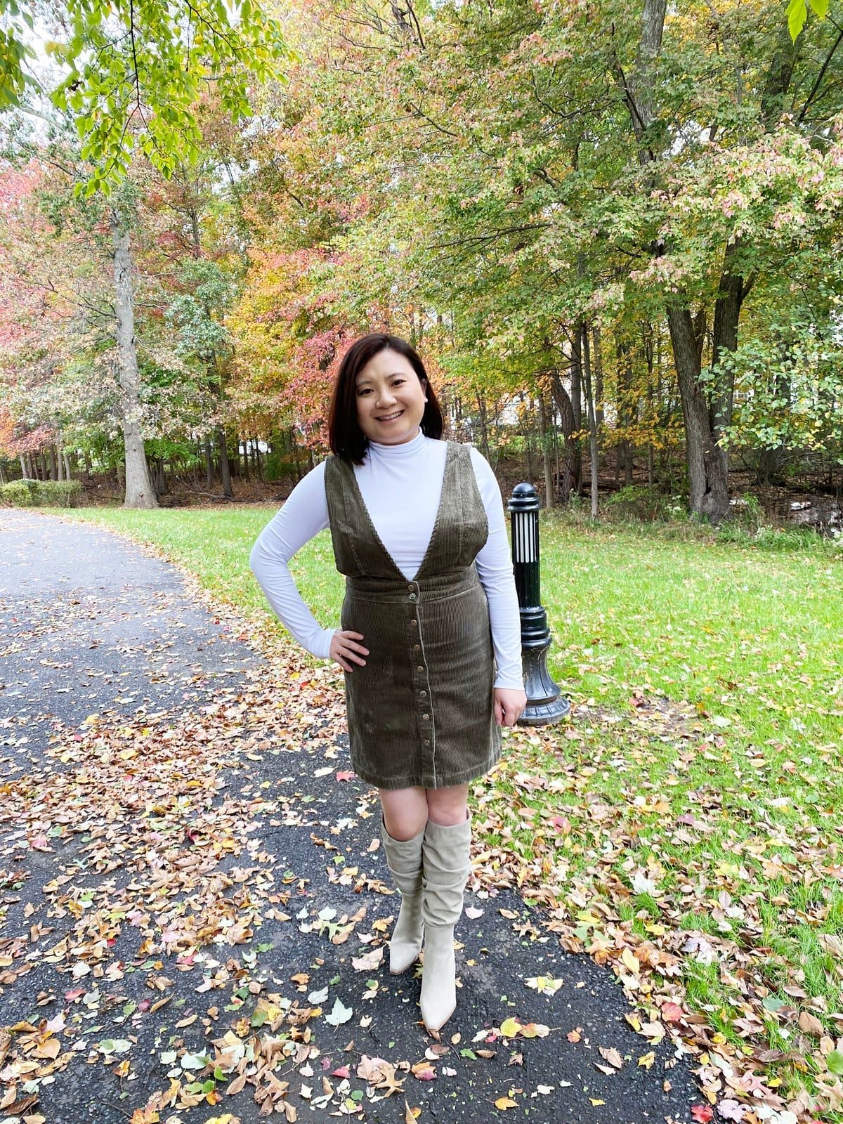 Olive Corduroy Pinafore Dress Over Turtleneck Olive Corduroy Pinafore Dress Over Turtleneck — Simple Olive Green Outfits