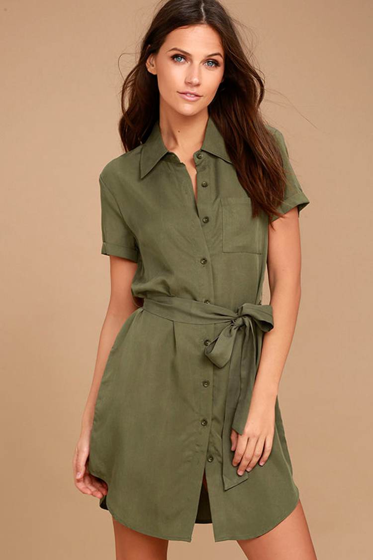 Olive Green Shirt Dress With Tie Belt Olive Green Shirt Dress With Tie Belt — Simple Olive Green Outfits