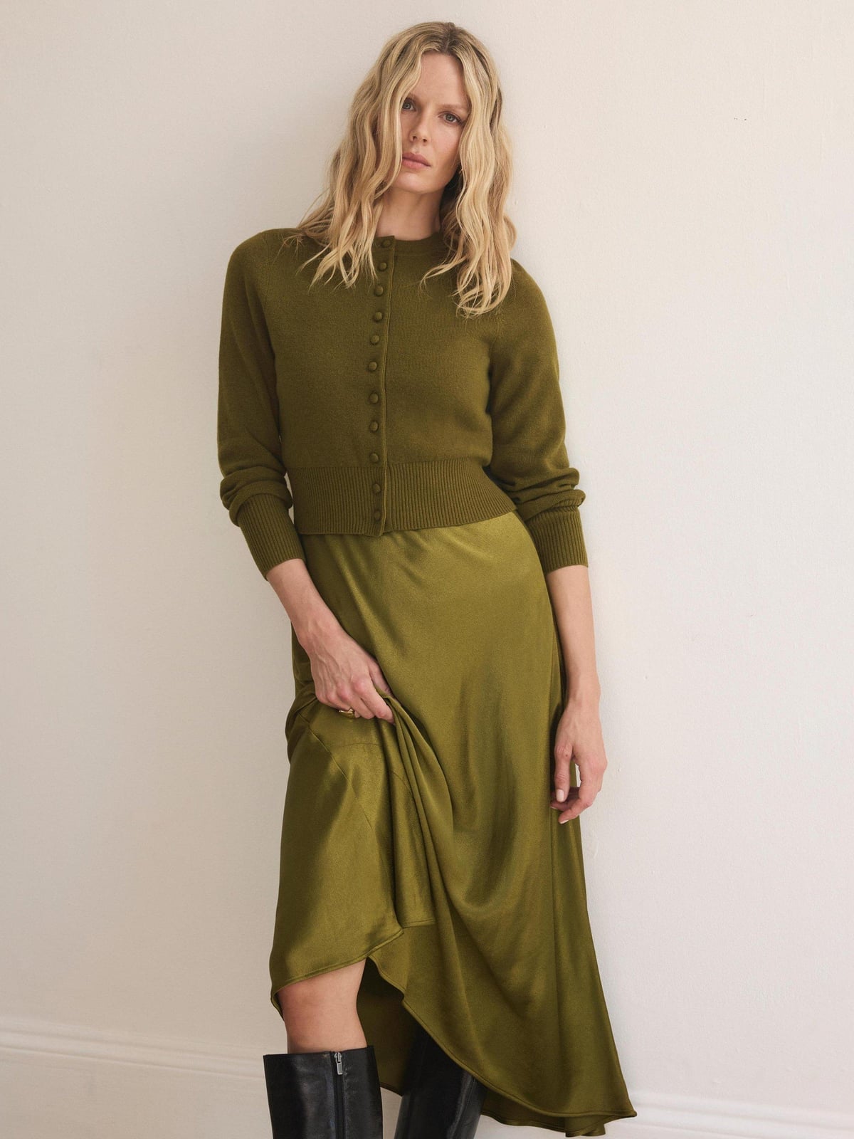Olive Cardigan Over Satin Slip Dress Olive Cardigan Over Satin Slip Dress — Simple Olive Green Outfits