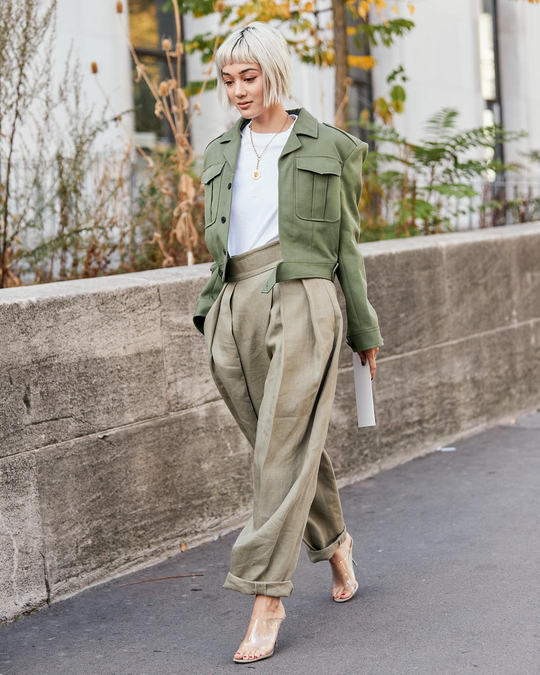 Olive Cropped Jacket With Beige Trousers Olive Cropped Jacket With Beige Trousers — Simple Olive Green Outfits