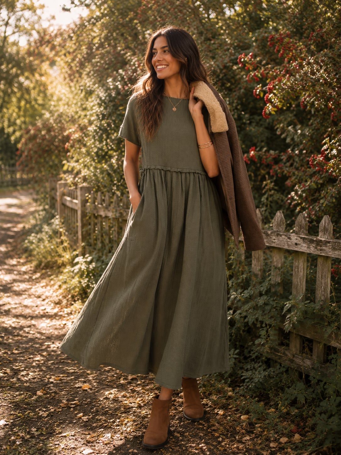 Olive Gauze Midi Dress With Brown Cardigan Olive Gauze Midi Dress With Brown Cardigan — Simple Olive Green Outfits