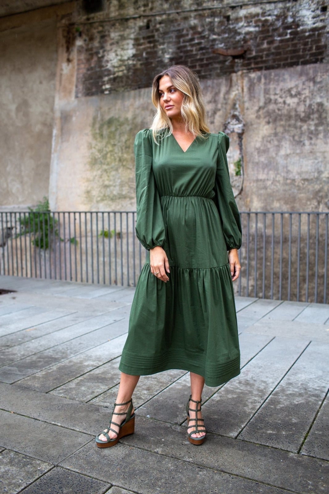 Olive Puff Sleeve Midi Dress Olive Puff Sleeve Midi Dress — Simple Olive Green Outfits