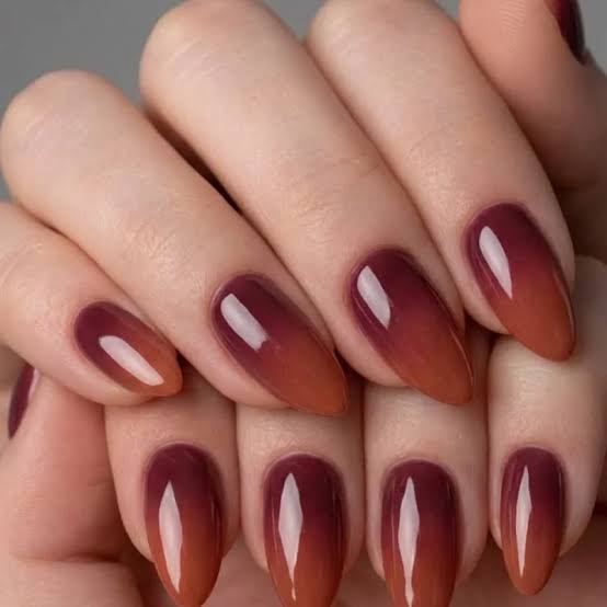Burgundy to Burnt Orange Medium Almond Ombre — Simple Ombre Nails