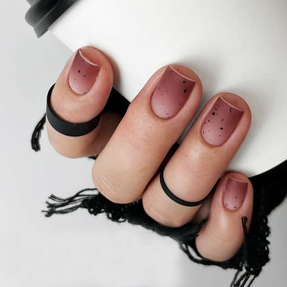 Dusty Rose to Nude Matte Gradient with Black Specks — Simple Ombre Nails