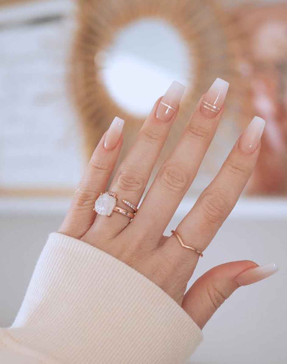Nude to White Long Square Coffin with Gold Lines — Simple Ombre Nails