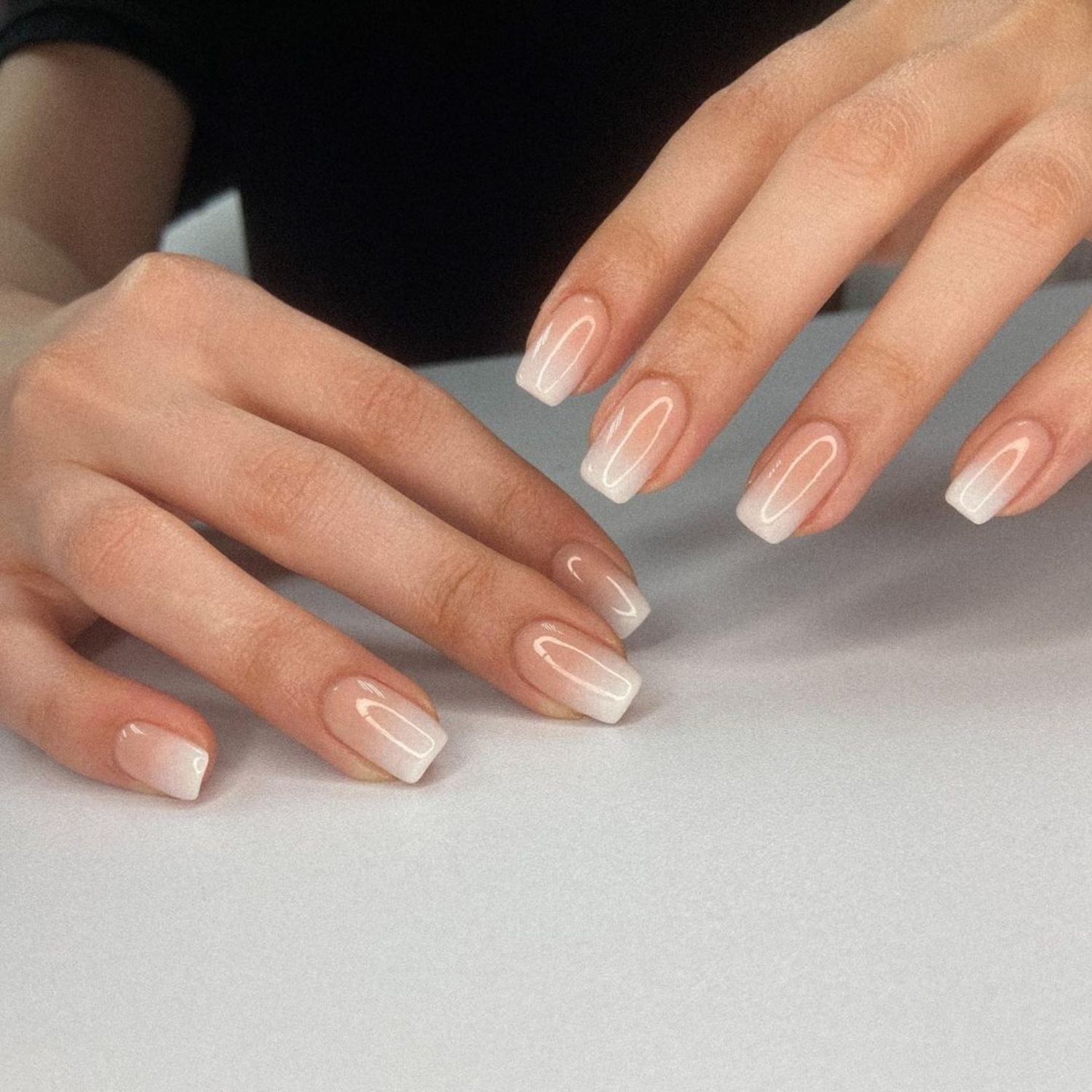 Sheer Nude to Opaque White Short Square French Fade — Simple Ombre Nails