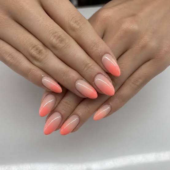 Vibrant Coral to Nude Medium Almond Ombre — Simple Ombre Nails