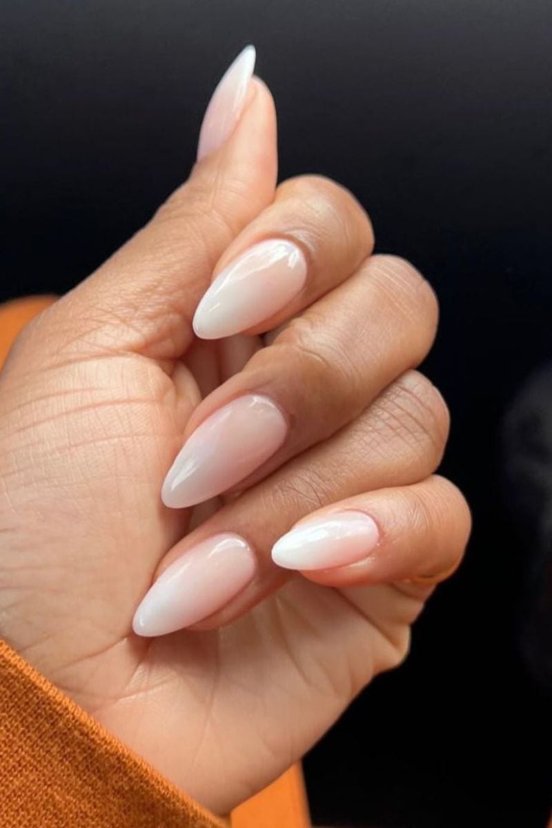 Milky White to Sheer White Medium Almond Ombre — Simple Ombre Nails