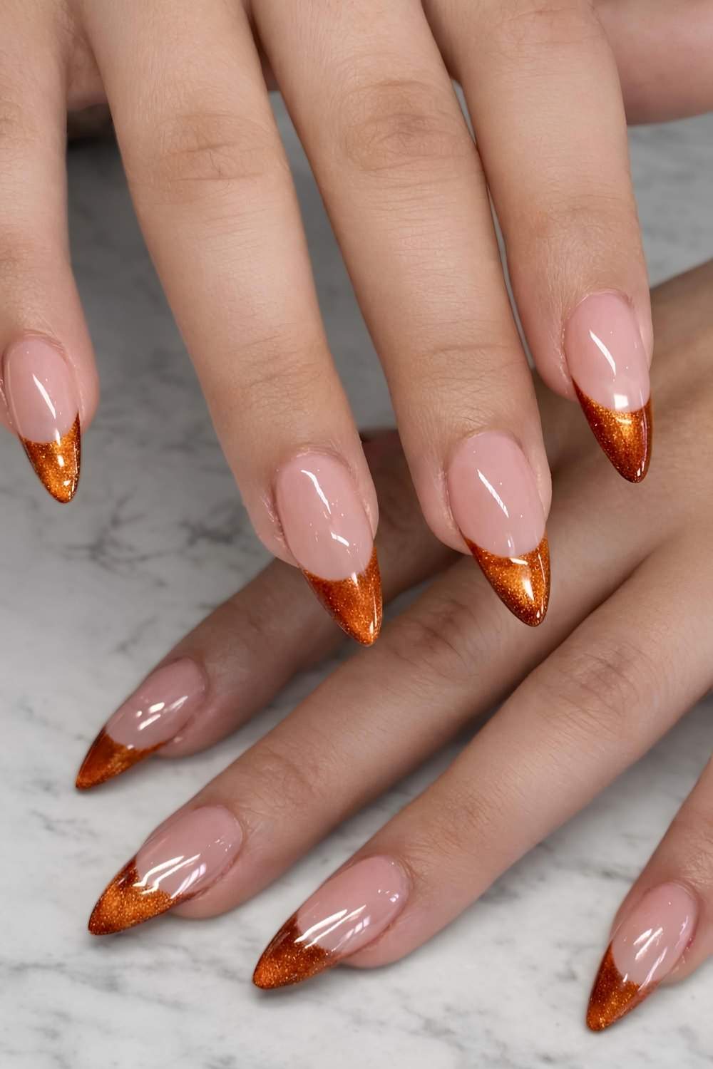 Nude Orange Cat Eye French Long Almond Nude Orange Cat Eye French Long Almond — Simple Orange Cat Eye Nails