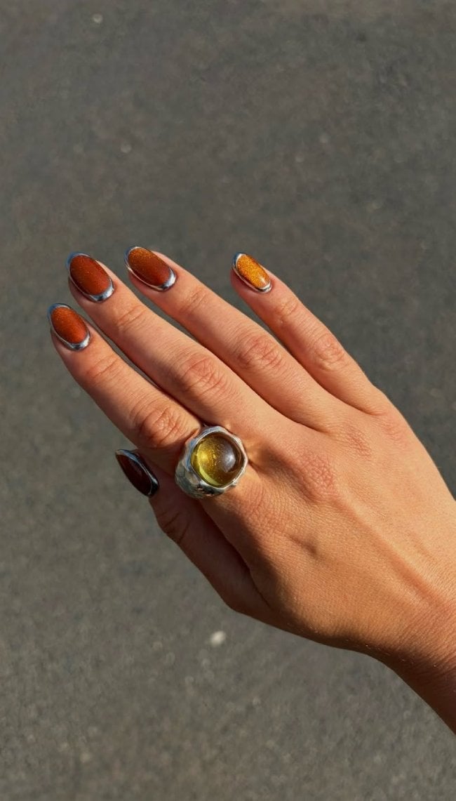 Copper Orange Cat Eye Silver Edge Long Almond Copper Orange Cat Eye Silver Edge Long Almond — Simple Orange Cat Eye Nails