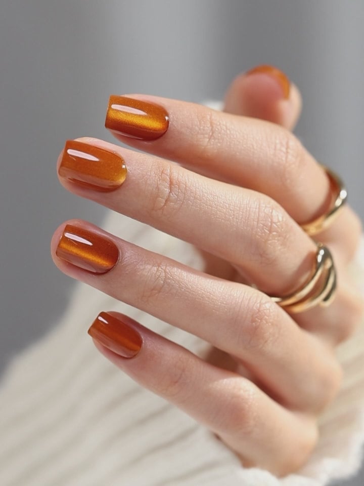 Warm Burnt Orange Glossy Cat Eye Short Square Warm Burnt Orange Glossy Cat Eye Short Square — Simple Orange Cat Eye Nails