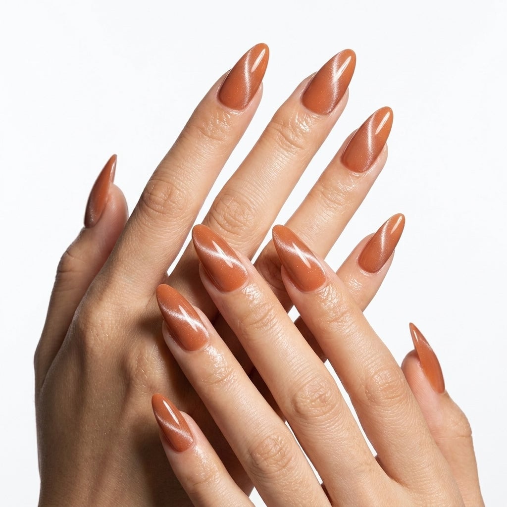 Medium Orange Cat Eye Diagonal Line Almond Medium Orange Cat Eye Diagonal Line Almond — Simple Orange Cat Eye Nails