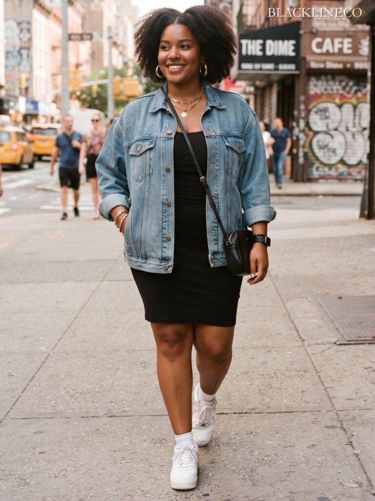 Denim Jacket Over Ribbed Knit Mini Dress Denim Jacket Over Ribbed Knit Mini Dress — Simple Outfits for Curvy